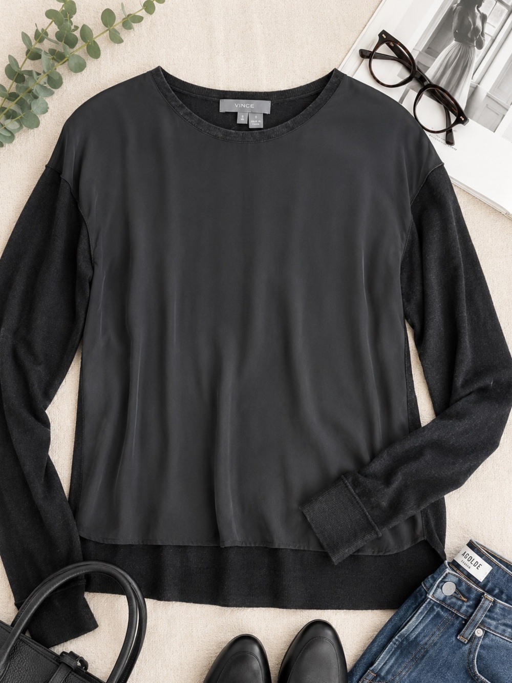 Vince Silk Front Sweater Small Quiet Luxury Minimalist Lightweight Luxe Knit D96